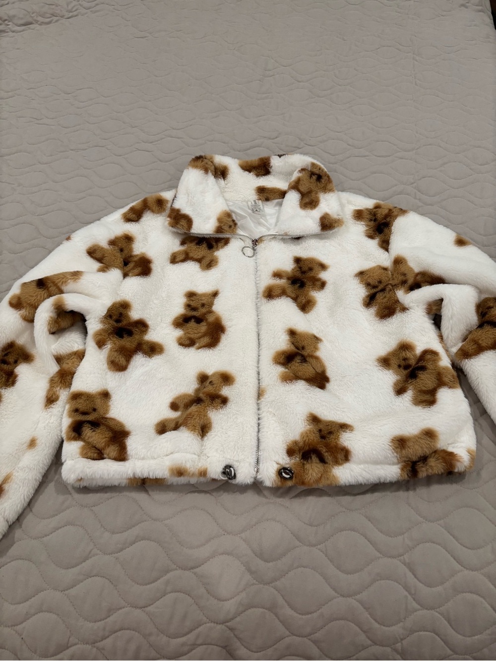 New Mix White Faux Fur Teddy Bear Print Zip Jacket